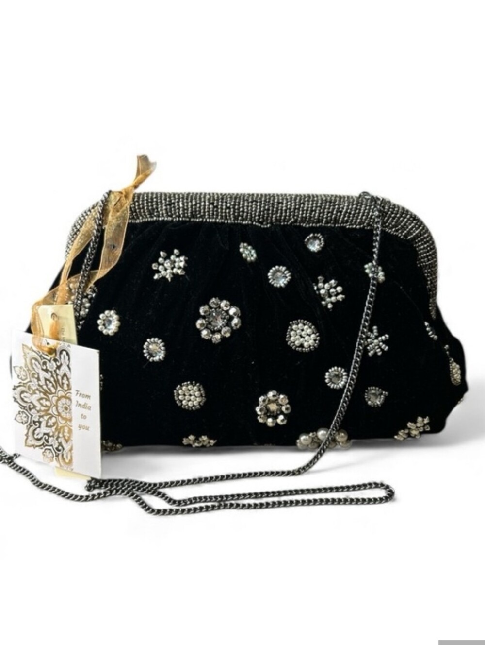Made In India Beaded Black Velvet Clutch Crossbody Silver Pearl Handcraft Purse